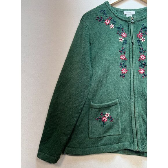 Northern Reflections Womens Zip Up Cardigan Sweater Sz L Green Embroidery Floral - Picture 5 of 11